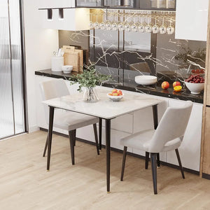 Marble Kitchen Dining Table: 80cm square table top in contemporary high gloss sintered stone with tapered metal legs 4 seater breakfast table