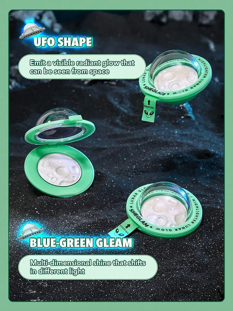 SHEGLAM- Super pigmented Lunar Glow Highlighter Multi-Dimensional Shine Highlighter Powder High-Shine Finish Blue-Green Sheen Glow Face Makeup