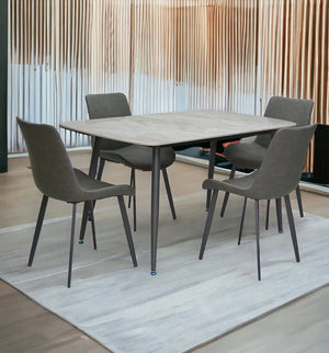 Modern Design Marble Dining Table 1+4 MH-DS21 - Gray with Steel Legs and PVC Leather, Set of 4 Chairs and 1 Table with Marble Top and Stainless Steel