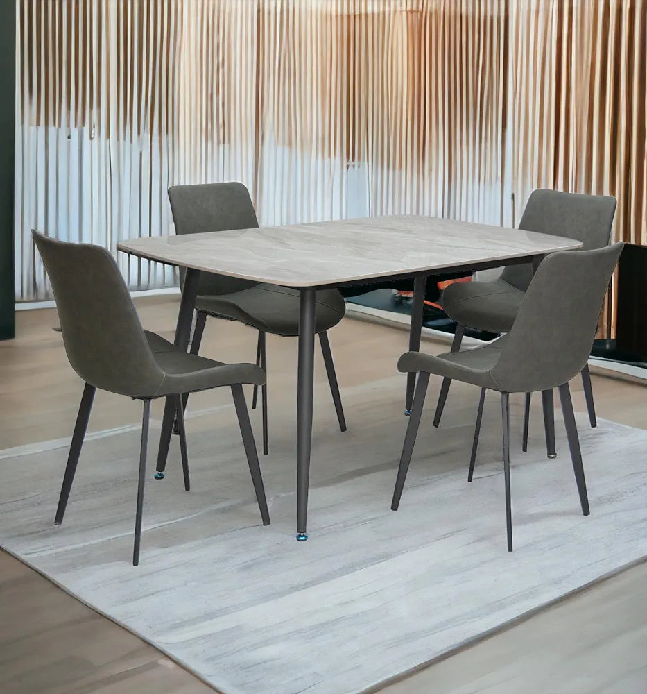 Modern Design Marble Dining Table 1+4 MH-DS21 - Gray with Steel Legs and PVC Leather, Set of 4 Chairs and 1 Table with Marble Top and Stainless Steel