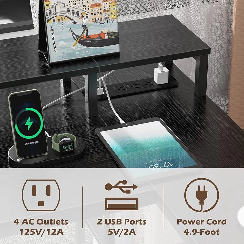 Sholoves L-Shaped Computer Desk with Power Outlets and LED Strips, Reversible Corner Desk with Monitor Stand and Storage Shelf, Home Gaming