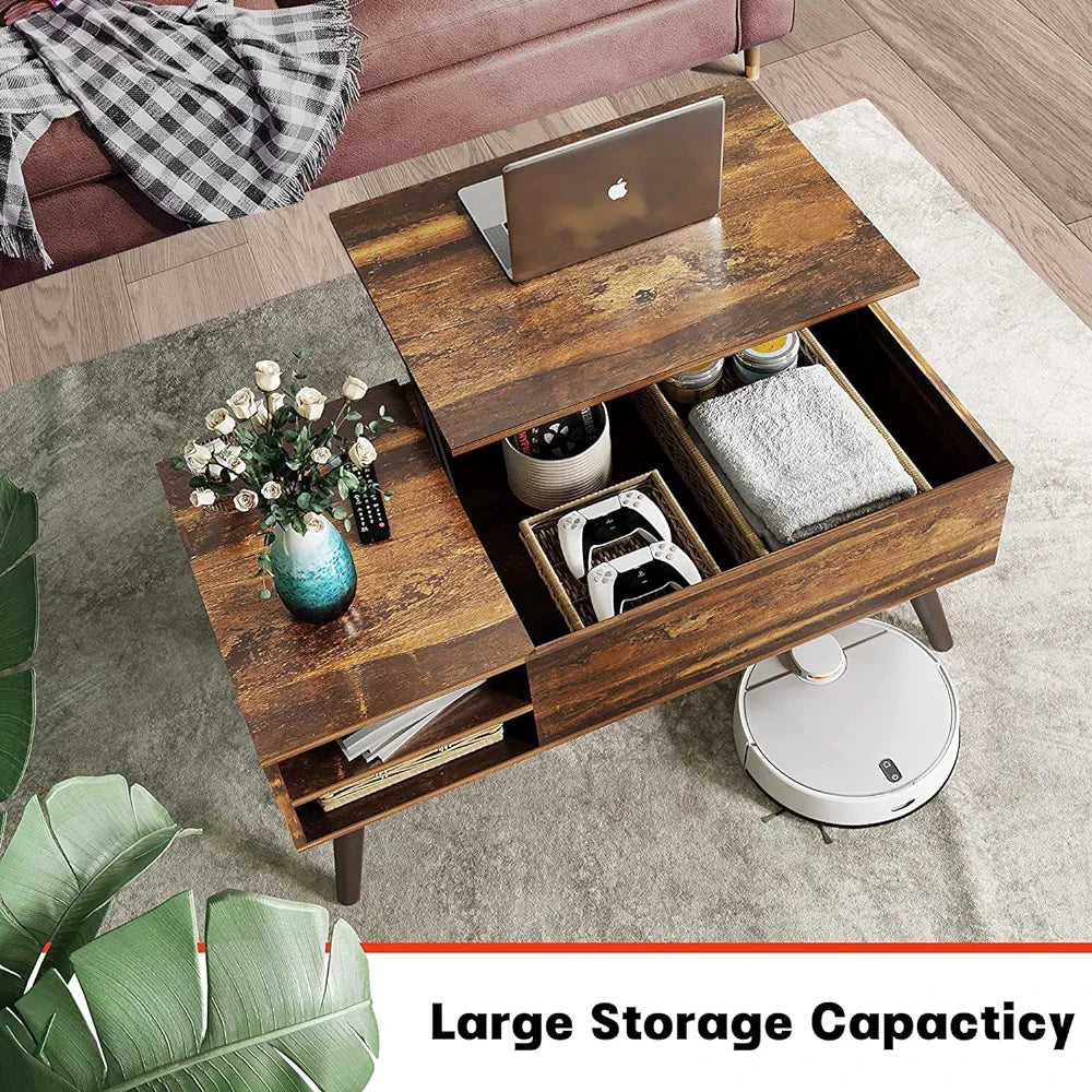 Small Coffee Table for Living Room, Adjustable Shelf and Storage, Mid-Century Modern Coffee Table, Wood, Rustic Brown, 100cm x 50cm x 41.5cm