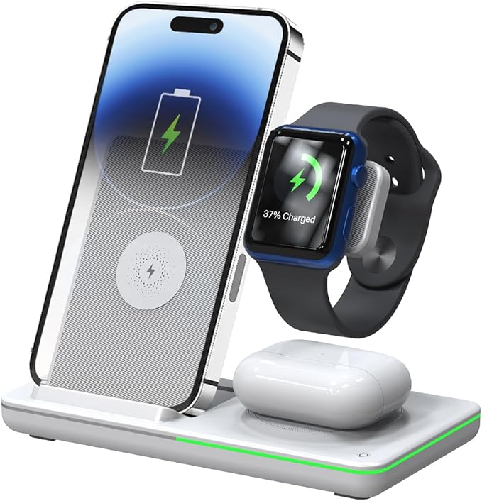 3 in 1 Wireless Mobile Charging Station, Fast Wireless Charger Stand for Fast Charge, Wireless Charger Phone Apple iPhone 15 14 13 12 11 X Pro Max AirPods iWatch 8 7 6 5 4 Samsung Galaxy S (White)
