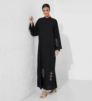 Abaya Women Closed Abaya With Embroidery Silver And Brown Stone Design