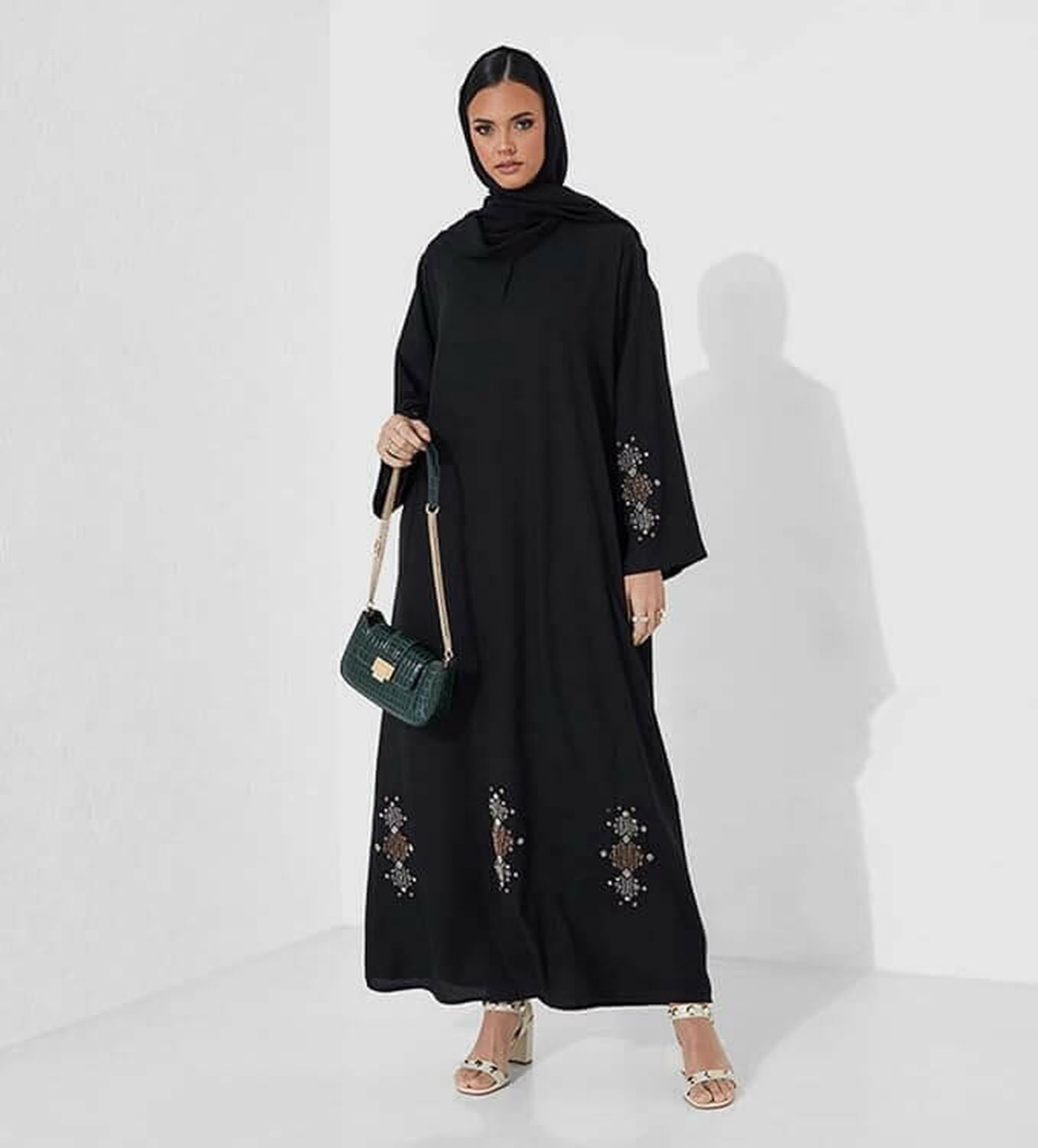 Abaya Women Closed Abaya With Embroidery Silver And Brown Stone Design