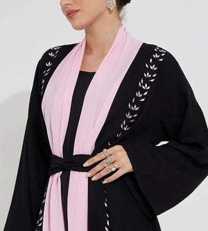 Abaya Women Open Abaya With Pink Chiffon And Pink Stitching Design