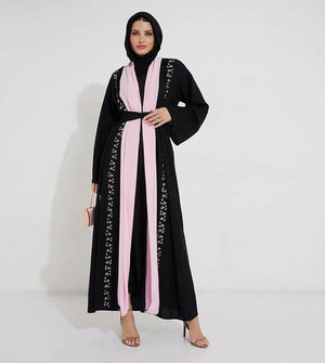 Abaya Women Open Abaya With Pink Chiffon And Pink Stitching Design