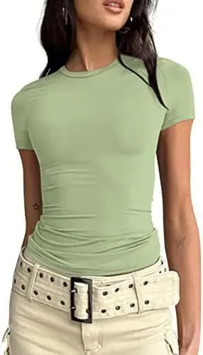 BAIGRAM Women’s Basic Slim fit Crop Top Tee Shirt Short Sleeve Workout Round Neck Cropped Tshirt