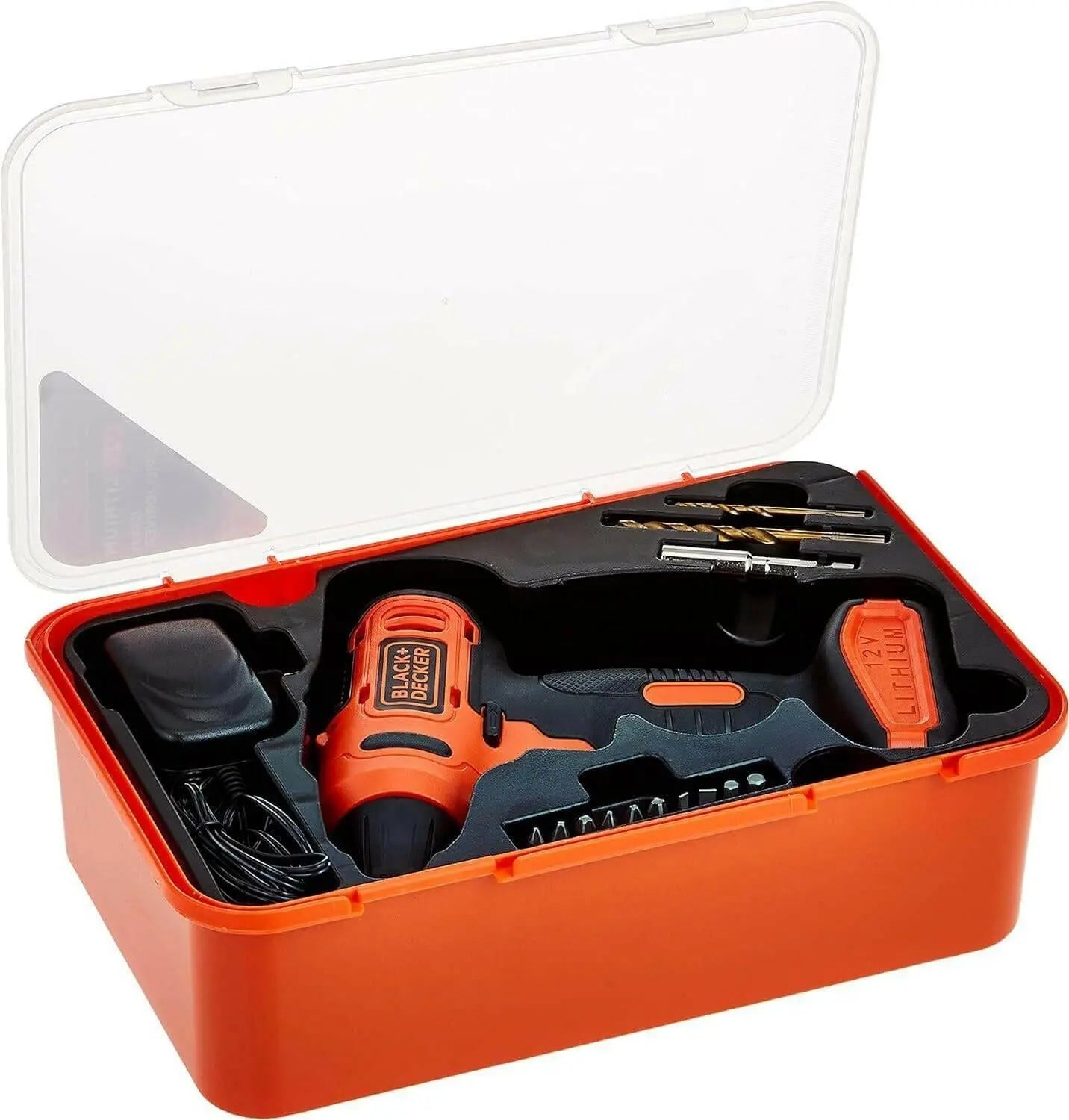 BLACK+DECKER 12V 1.5Ah 900 RPM Cordless Drill Driver with 13 Pieces Bits in Kitbox For Drilling and Fastening, Orange/Black, LD12SP-B5,