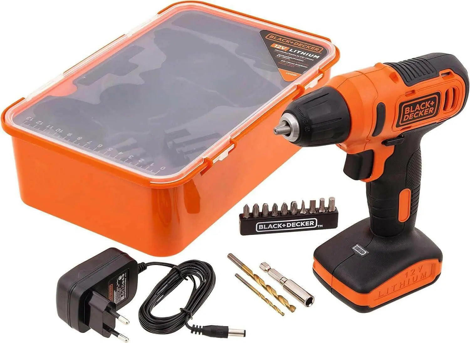 BLACK+DECKER 12V 1.5Ah 900 RPM Cordless Drill Driver with 13 Pieces Bits in Kitbox For Drilling and Fastening, Orange/Black, LD12SP-B5,