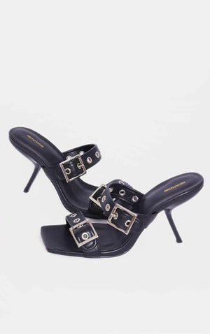 Black Faux Leather Square Toe Double Buckle Mid Heeled Mules