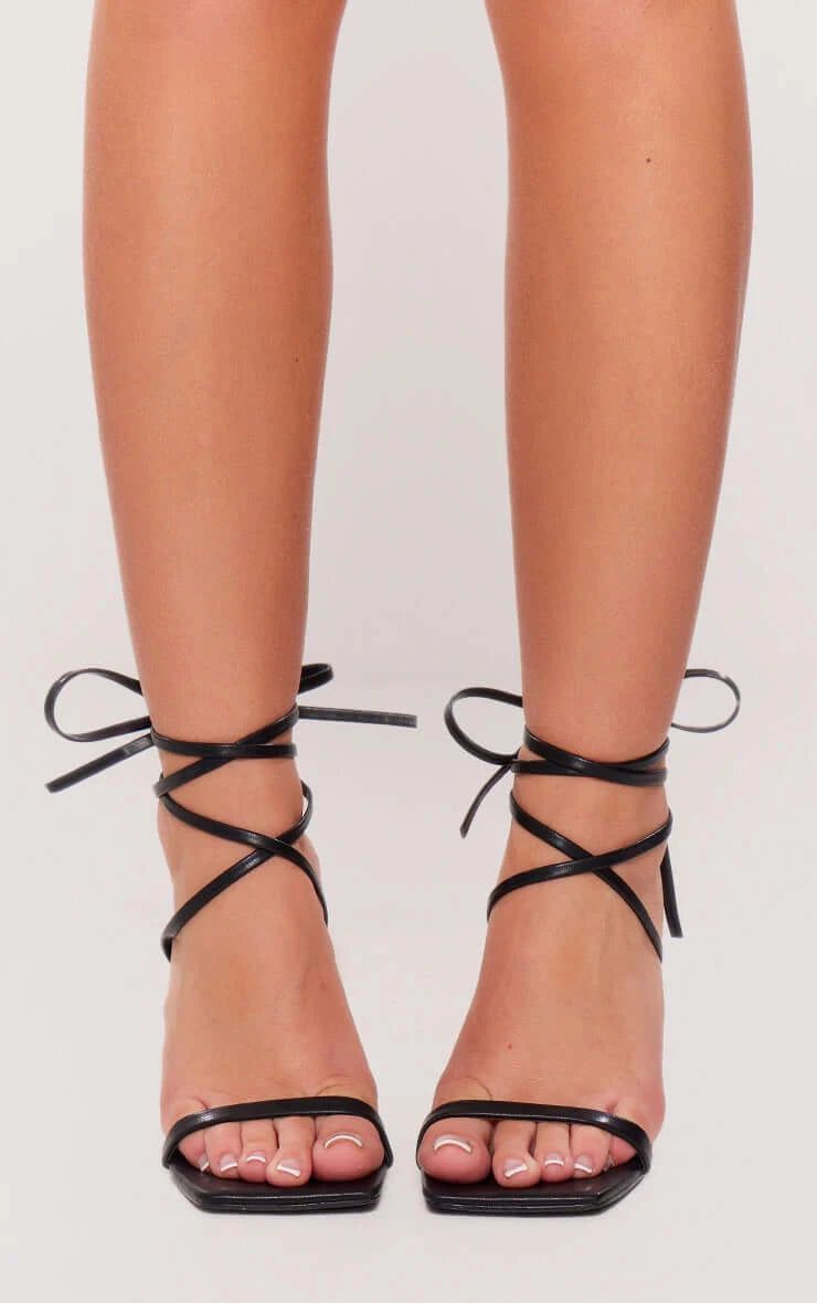 Black Pu Square Toe Lace Up Mid Heeled Sandals