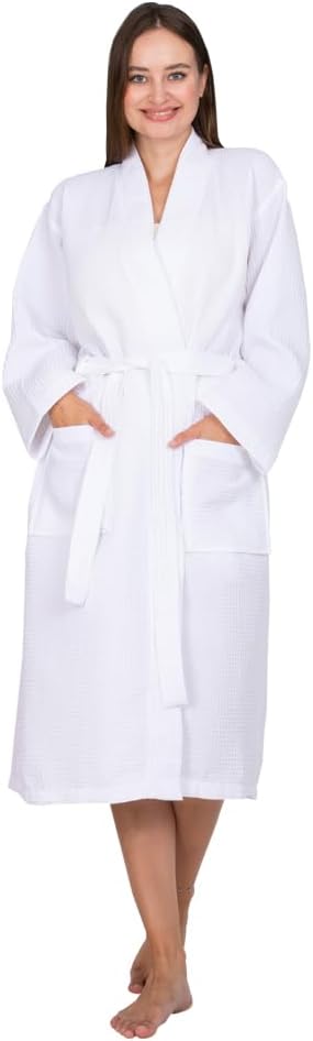 White Robe Turkish Cotton Waffle Women Kimono Style Shower Robes Lightweight Long Robe Knit Bathrobe Self-Tying Belt Soft Sleepwear Belted Bathrobe With Pockets,Spa Day, Best Gift