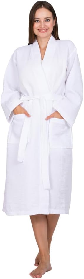 White Shower Robe Turkish Cotton Waffle Women Kimono Style Shower Robes Lightweight Long Robe Knit Bathrobe Self-Tying Belt Soft Sleepwear Belted Bathrobe With Pockets,Spa Day, Best Gift