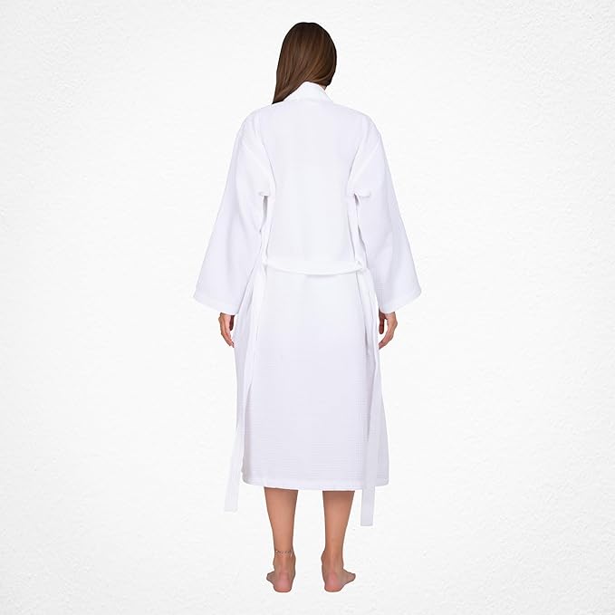 White Shower Robe Turkish Cotton Waffle Women Kimono Style Shower Robes Lightweight Long Robe Knit Bathrobe Self-Tying Belt Soft Sleepwear Belted Bathrobe With Pockets,Spa Day, Best Gift