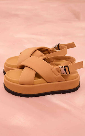 Camel Stretch Lycra Round Toe Cross Strap Flat Platform Sandals