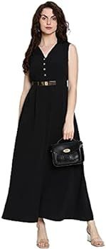 Black Casual dress in polyester with a slim fit at the waist and a flared skirt