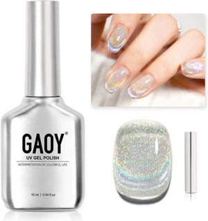 Cat Eye Gel Nail Polish, Glitter Holographic Nail Polish with Magnet, 16ml Reflective Translucent UV Gel for Nail Art, 1394 Silver Rainbow