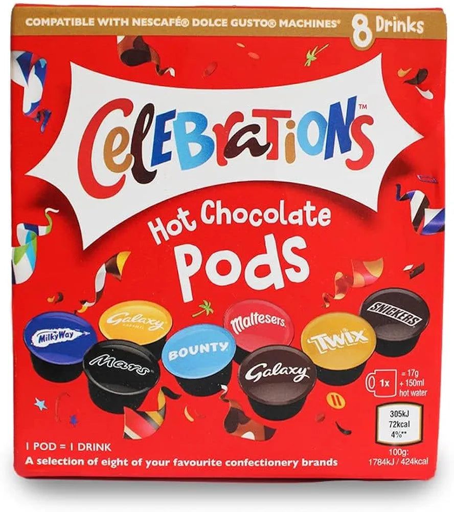 Celebrations Dolce Gusto Compatible Hot Chocolate Pods - Twix, Mars, Bounty, Snickers, Galaxy, Malteser, Milky Way & Galaxy Caramel (8)