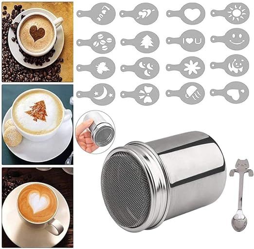 Chocolate Shaker Cappuccino Stainless Steel 16 Coffee Cappuccino Latte Decorating Stencils + Cat Coffee Spoon for Cocoa Powder Cinnamon Coffees