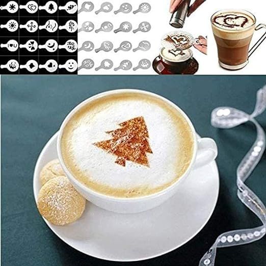 Chocolate Shaker Cappuccino Stainless Steel 16 Coffee Cappuccino Latte Decorating Stencils + Cat Coffee Spoon for Cocoa Powder Cinnamon Coffees