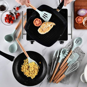 ComCreate Silicone Cooking Kitchen 11PCS Wooden Utensils Tool for Nonstick Cookware,Cooking Utensils Set with Bamboo Wood Handles