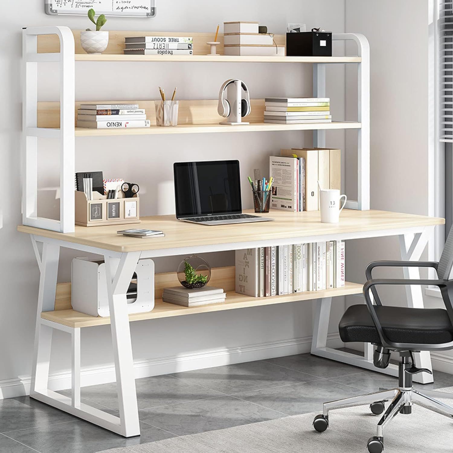 Computer Desk With Storage Shelves And Bookshelf Modern Simple Desk With Sturdy Metal Frame Writing Study Workstation For Office And Home Size 31 Inch