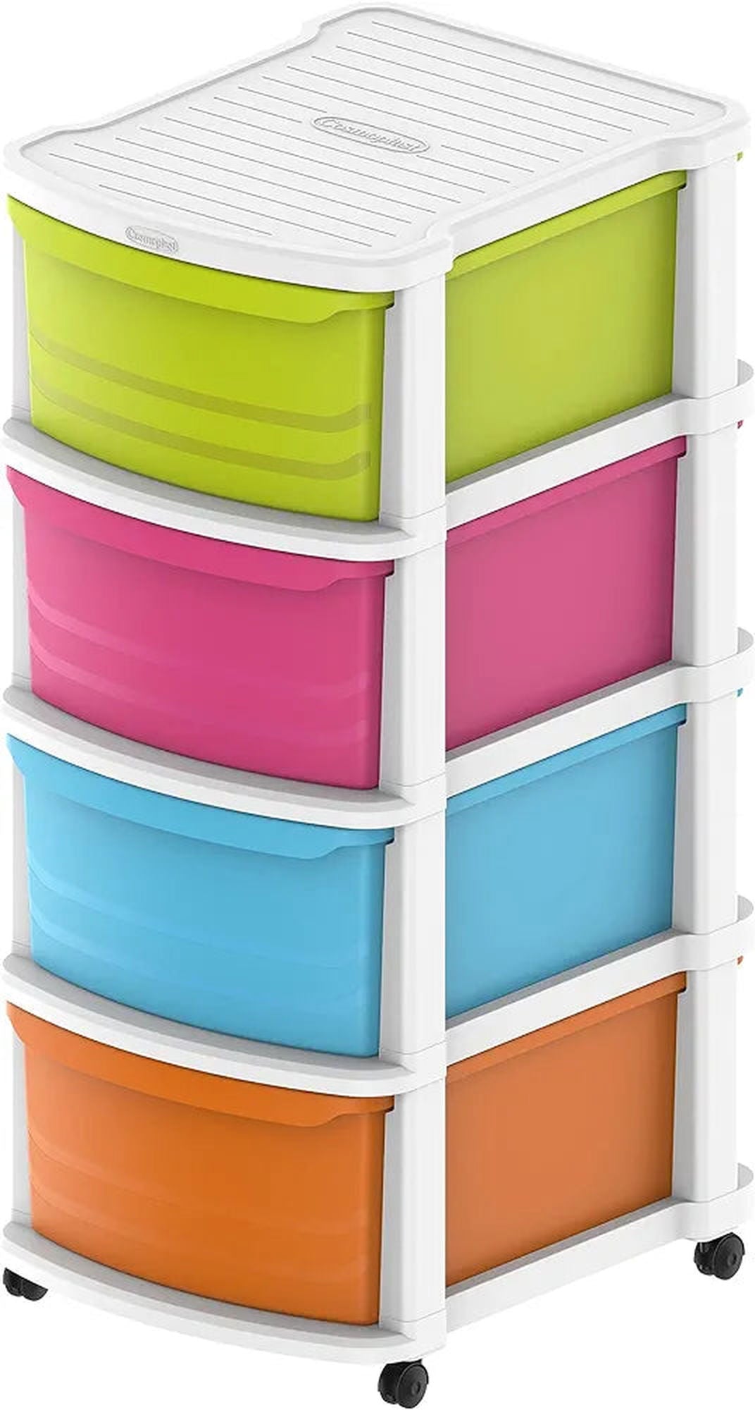Cosmoplast 4-layer multi-purpose storage cabinet with white wheels and multi-colored drawers
