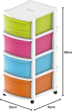 Cosmoplast 4-layer multi-purpose storage cabinet with white wheels and multi-colored drawers