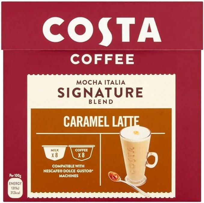 Costa Coffee Mocha Italia Signature Blend Caramel Latte, Nescafe Dolce Gusto Compatible, 16 Capsules