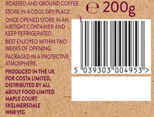 Costa Colombian roasted and ground coffee 200 grams