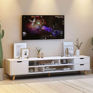 Cotis Modern White TV Stand, Large TV Stand Shelves, Wooden Media Console Table for Living Room with Storage Space and 4 Drawers, 140 x 30 x 38 cm