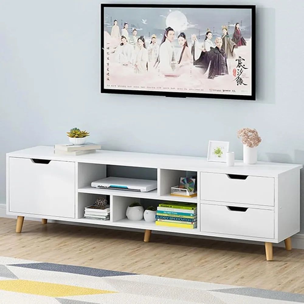 Cotis Modern White TV Stand, Large TV Stand Shelves, Wooden Media Console Table for Living Room with Storage Space and 4 Drawers, 140 x 30 x 38 cm