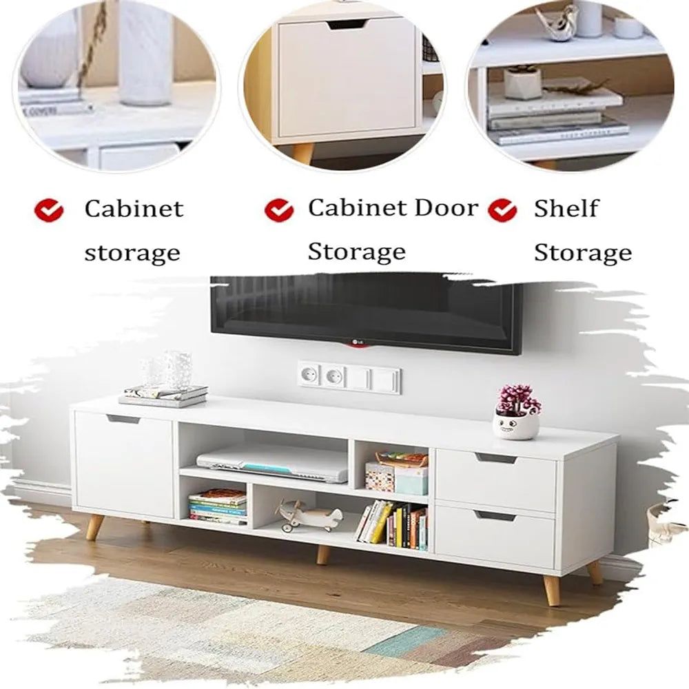 Cotis Modern White TV Stand, Large TV Stand Shelves, Wooden Media Console Table for Living Room with Storage Space and 4 Drawers, 140 x 30 x 38 cm