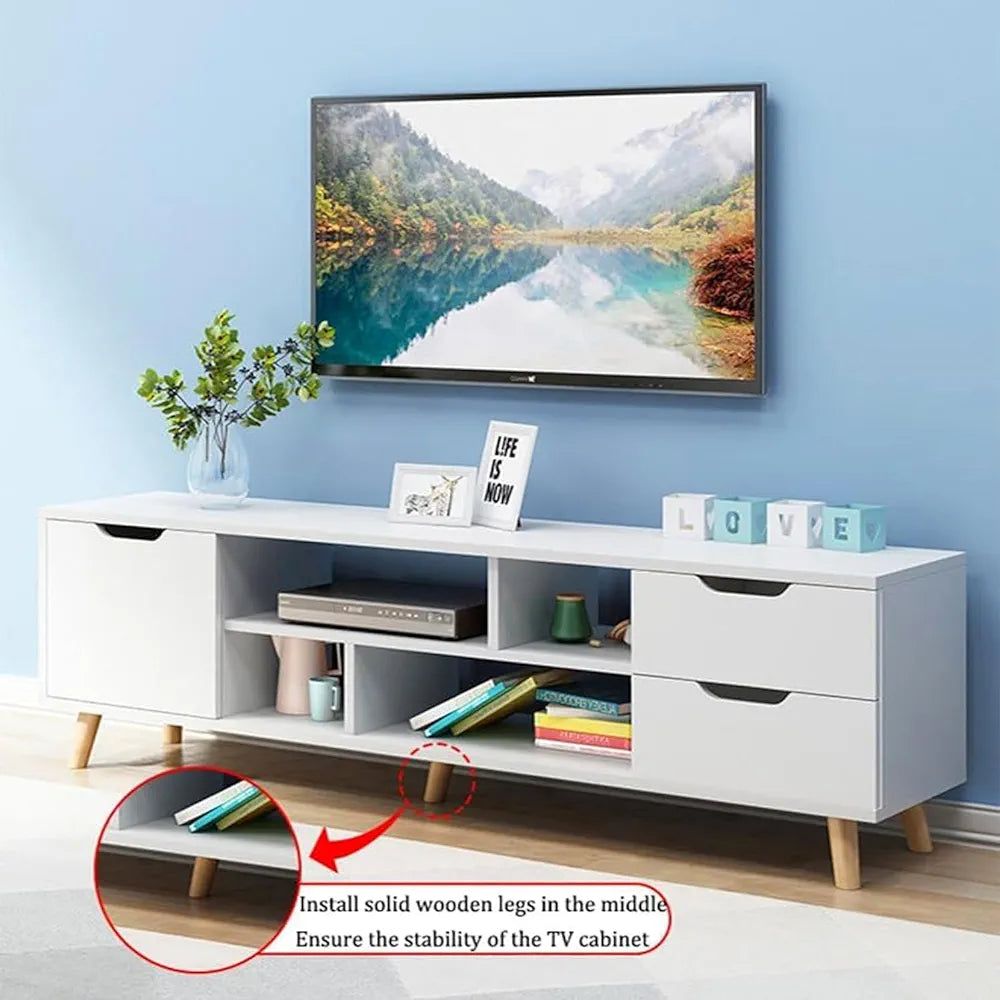 Cotis Modern White TV Stand, Large TV Stand Shelves, Wooden Media Console Table for Living Room with Storage Space and 4 Drawers, 140 x 30 x 38 cm