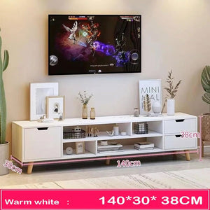 Cotis Modern White TV Stand, Large TV Stand Shelves, Wooden Media Console Table for Living Room with Storage Space and 4 Drawers, 140 x 30 x 38 cm