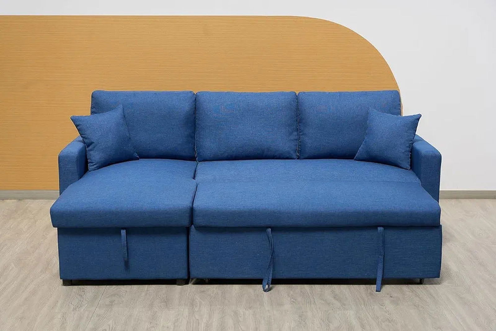 Deep Sleeping Sofa Bed with L-Shaped Cushions | Storage space | Convertible living room furniture (blue)