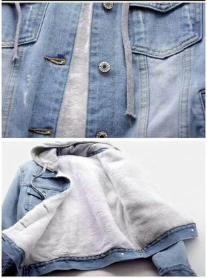 Denim Jacket Women Winter Korean Style Hooded Short Long-Sleeved Woolen Cloth Plus Velvet Thick Lamb Wool Cotton Coat