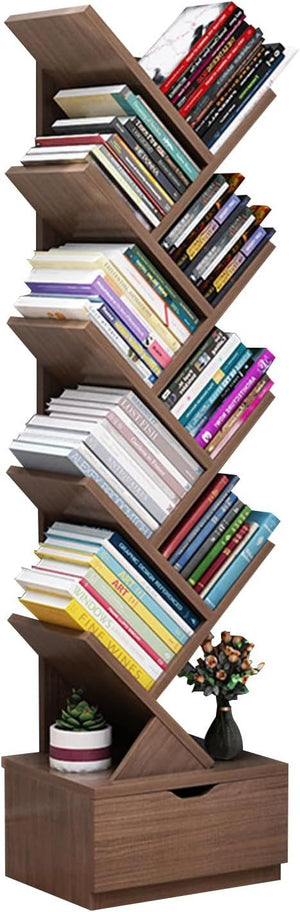 Desktop Tree Bookshelf Display Storage Shelf 10 Tier, Wood Storage Rack Tree Bookcase With Drawer For Home School Book Magazine Office Study Table