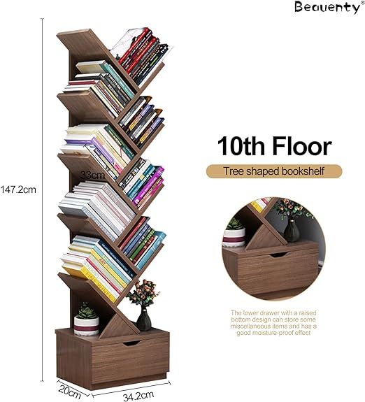 Desktop Tree Bookshelf Display Storage Shelf 10 Tier, Wood Storage Rack Tree Bookcase With Drawer For Home School Book Magazine Office Study Table