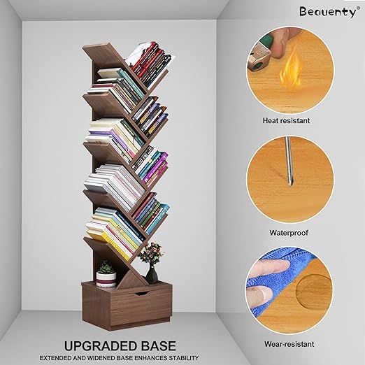 Desktop Tree Bookshelf Display Storage Shelf 10 Tier, Wood Storage Rack Tree Bookcase With Drawer For Home School Book Magazine Office Study Table