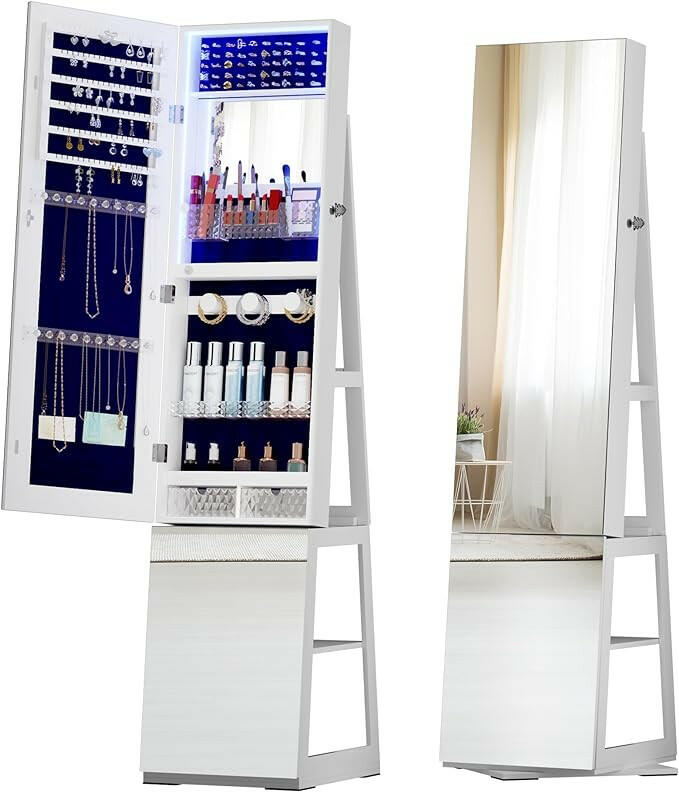 Mirror Jewelry Cabinet with Storage - 360° Swivel Jewelry Armoire with Full Length Mirror, Lockable Jewelry Storage Organizer with Light & Shelves