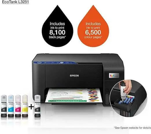 Epson Printer Ecotank L3251 Home Ink Tank Printer A4, Colour, 3-In-1 With Wifi And Smartpanel App Connectivity, Black, Compact