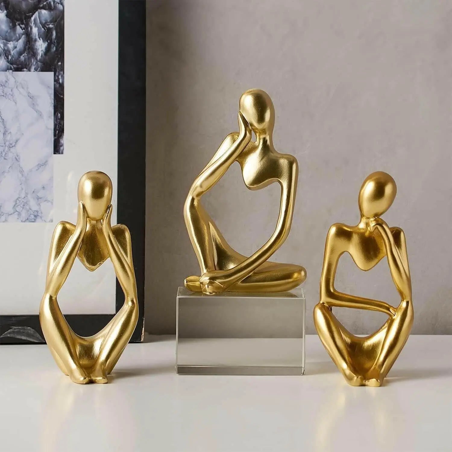 FJS Gold Decor Thinker Statue Abstract Art Sculpture, Set of 3, Gold