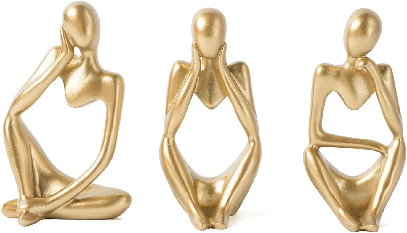 FJS Gold Decor Thinker Statue Abstract Art Sculpture, Set of 3, Gold