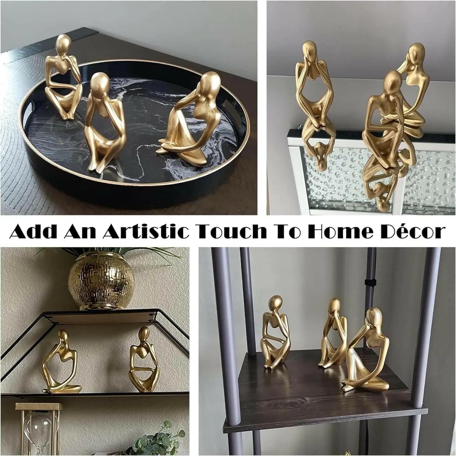 FJS Gold Decor Thinker Statue Abstract Art Sculpture, Set of 3, Gold