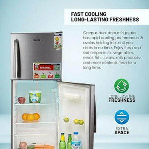 GEEPAS Double Door Refrigerator - Free Standing Durable Double Door Refrigerator, Quick Cooling & Long-lasting Freshness, 160 L GRF2209SXE