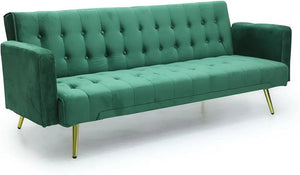 GREEN Modern design sofa 3-seater sofa made of soft polyurethane, finest velvet sofa, golden legs and a foldable futon bed for the living room