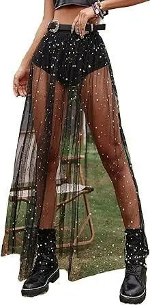 Galaxy Print Bottom 2 in 1 See Through Black Witch Maxi Skirt Music Festival Clothing