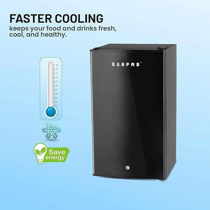 Geepas GRF1212BXE Single Door Mini Defrost Refrigerator-| Mini Fridge in Retro Design, Low Noise and Low Voltage| Quick Cooling and Easy Cleaning.